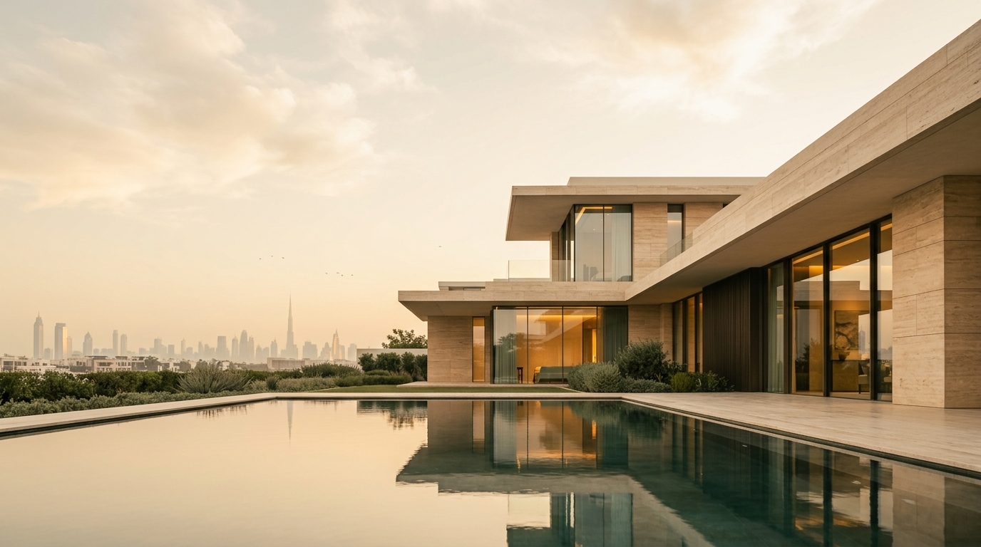 Modern villa with a pool and the Dubai skyline at dusk